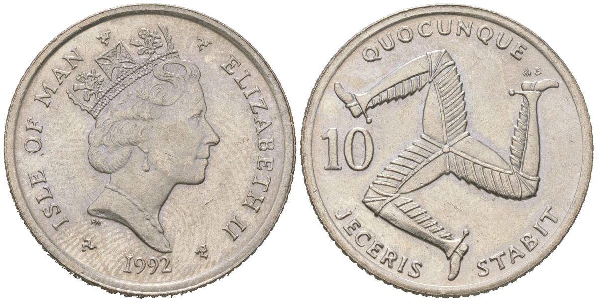 Остров Мэн 10 пенсов 1992 Елизавета II (1952-2022) KM 337 медно-никель aUNC 4619-134