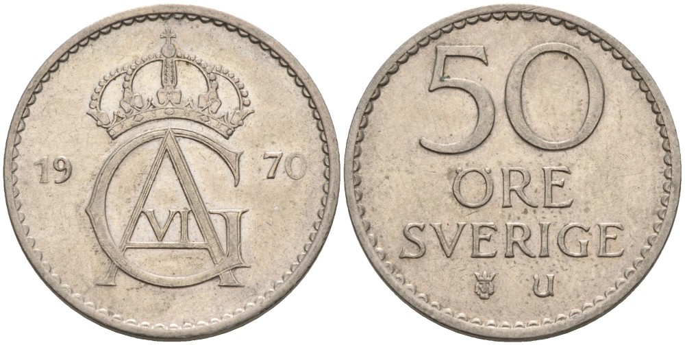 Швеция 50 эре 1970 U, Густав VI Адольф (1950-1973) KM 837 медно-никель 4538-344