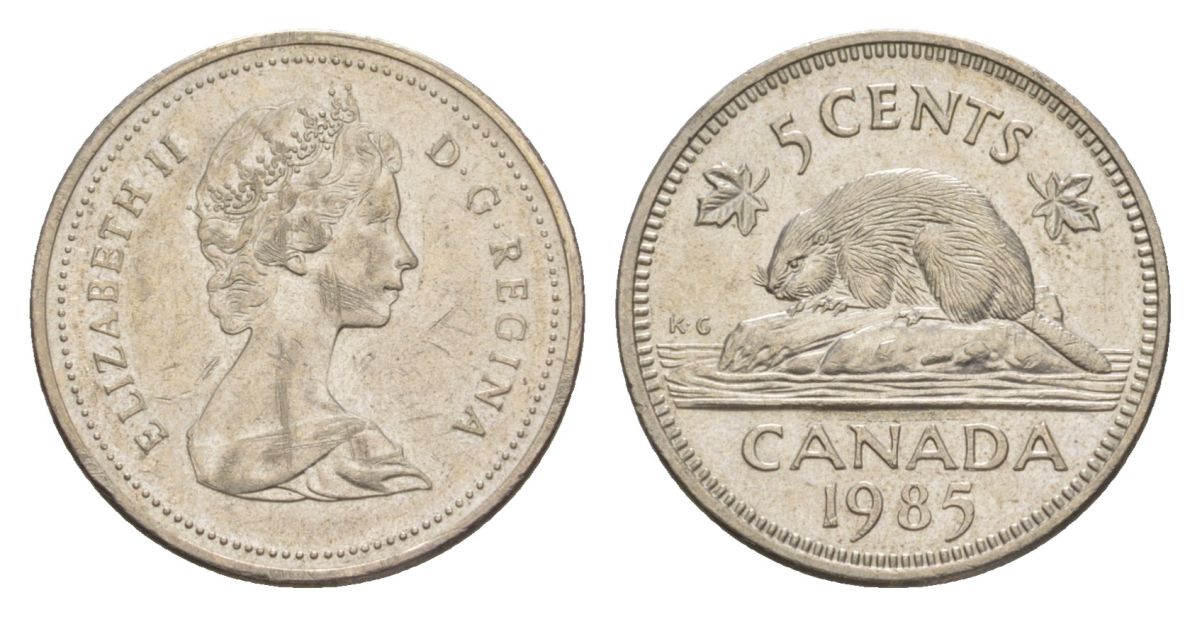 Канада 5 центов 1985 Елизавета II (1952-2022), бобр KM 60.2a медно-никель 4630-734
