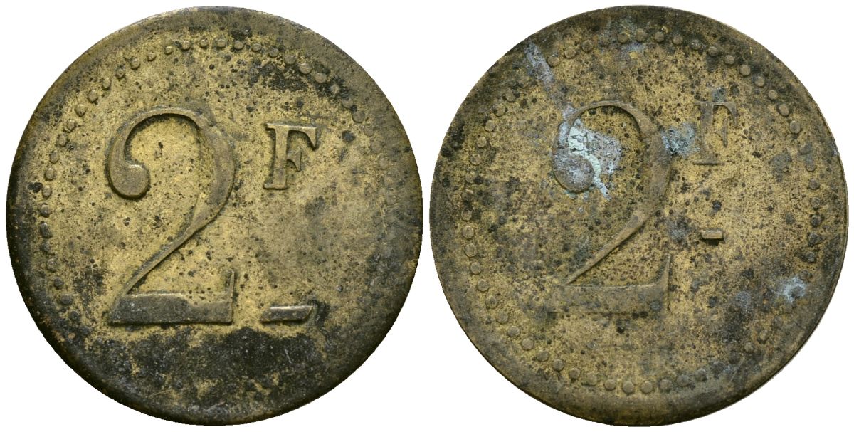 Франция 2 франка XIX-XX век ресторанный жетон латунь 4166-937