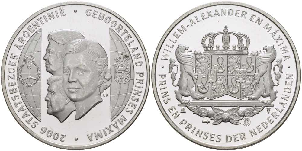 НИДЕРЛАНДЫ МЕДАЛЬ 2006 ГОСУДАРСТВЕННЫЙ ВИЗИТ В АРГЕНТИНУ НА РОДИНУ ПРИНЦЕССЫ МАКСИМЫ, ДИАМЕТР 38,5 ММ., ВЕС 25,348 ГР. серебро PROOF 1076-8-34