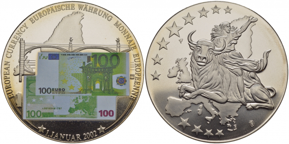 НИДЕРЛАНДЫ МЕДАЛЬ 2002 ПОХИЩЕНИЕ ЕВРОПЫ, КУПЮРА 100 ЕВРО, ЕВРОПРОБА, СЕРЕБРЕНИЕ, ЦВЕТНАЯ ЭМАЛЬ медно-никель PROOF 01-149-43