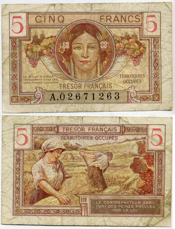 Франция 5 франков ND (1947) казначейство вооруженных сил, уборка зерновых Pick M6 бумага 000-000-00