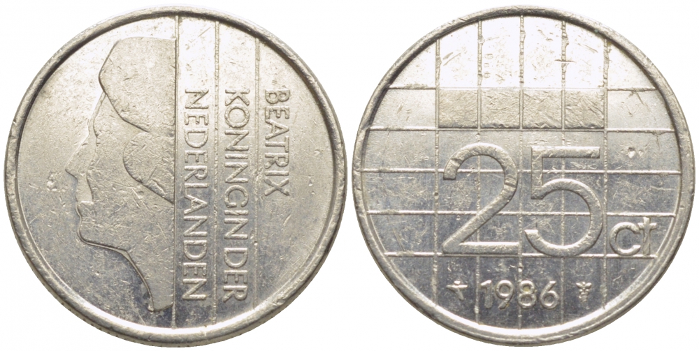 НИДЕРЛАНДЫ 25 ЦЕНТОВ 1986 БЕАТРИКС KM 204 никель 112-324