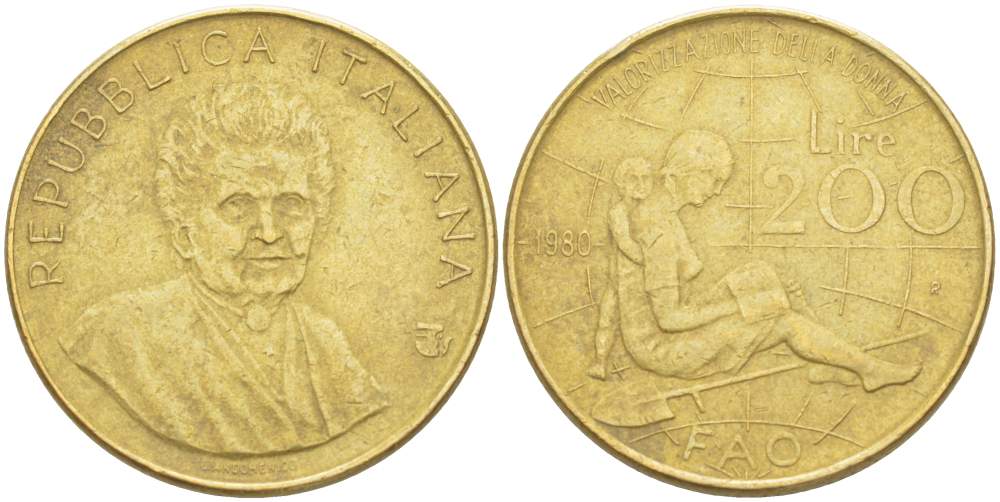 ИТАЛИЯ 200 ЛИР 1980 R, FAO KM 107 алюминиевая бронза 4523-823