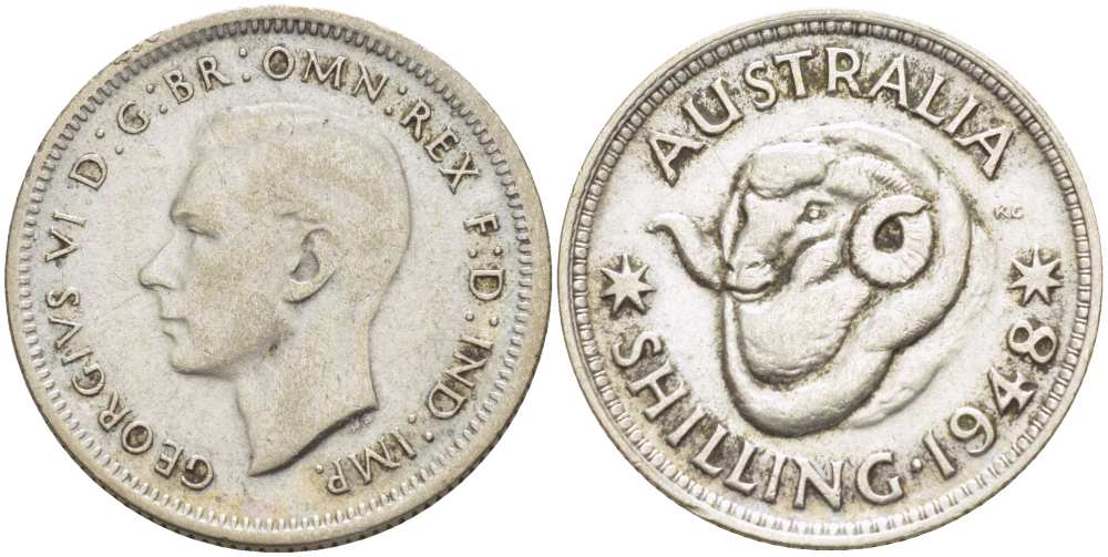 Австралия 1 шиллинг 1948 m, Георг VI (1937-1952), овца меринос KM 39а серебро 4514-1032