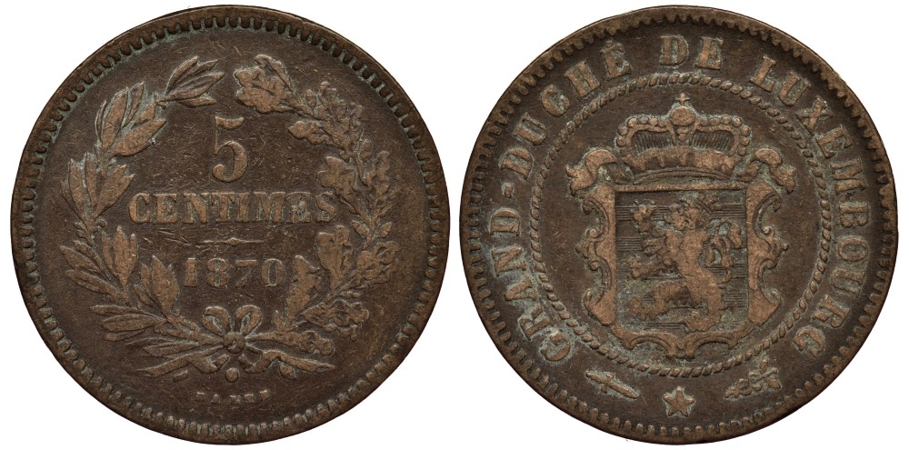 Люксембург 5 сантимов 1854 Barth, Виллем III Нидерландский (1849-1890) KM 22.1 бронза 4538-741