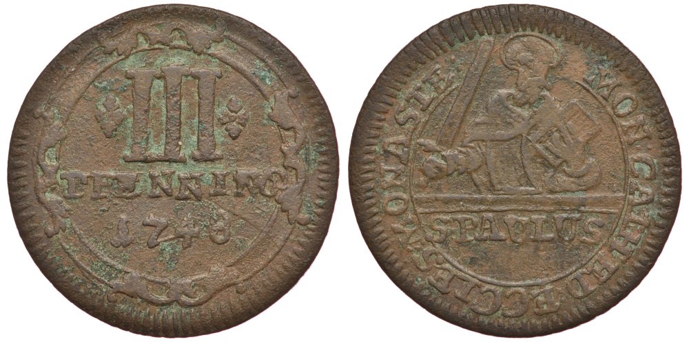 Мюнстер 3 пфеннига 1748 KM 430, Weinrich 64 медь 4127-1245