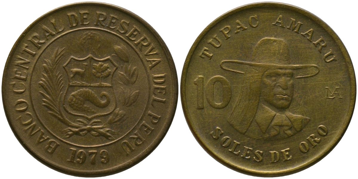 Перу 10 солей 1979 KM 272.2, Schon 73 латунь 4541-222