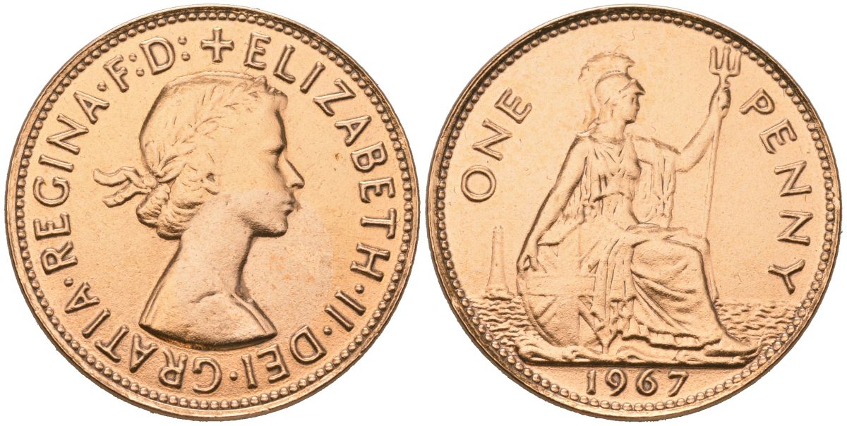 Великобритания 1 пенни 1967 Елизавета II (1952-2022) KM 897, Spink 4157 бронза 4536-222