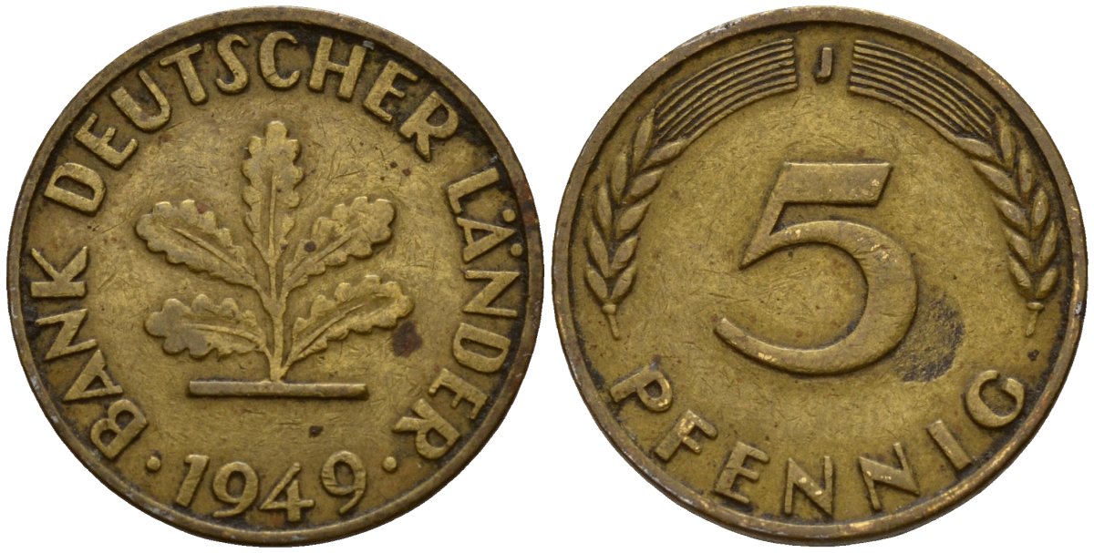 ФРГ 5 пфеннигов 1949 J KM 102 сталь плакированная бронзой 4189-848