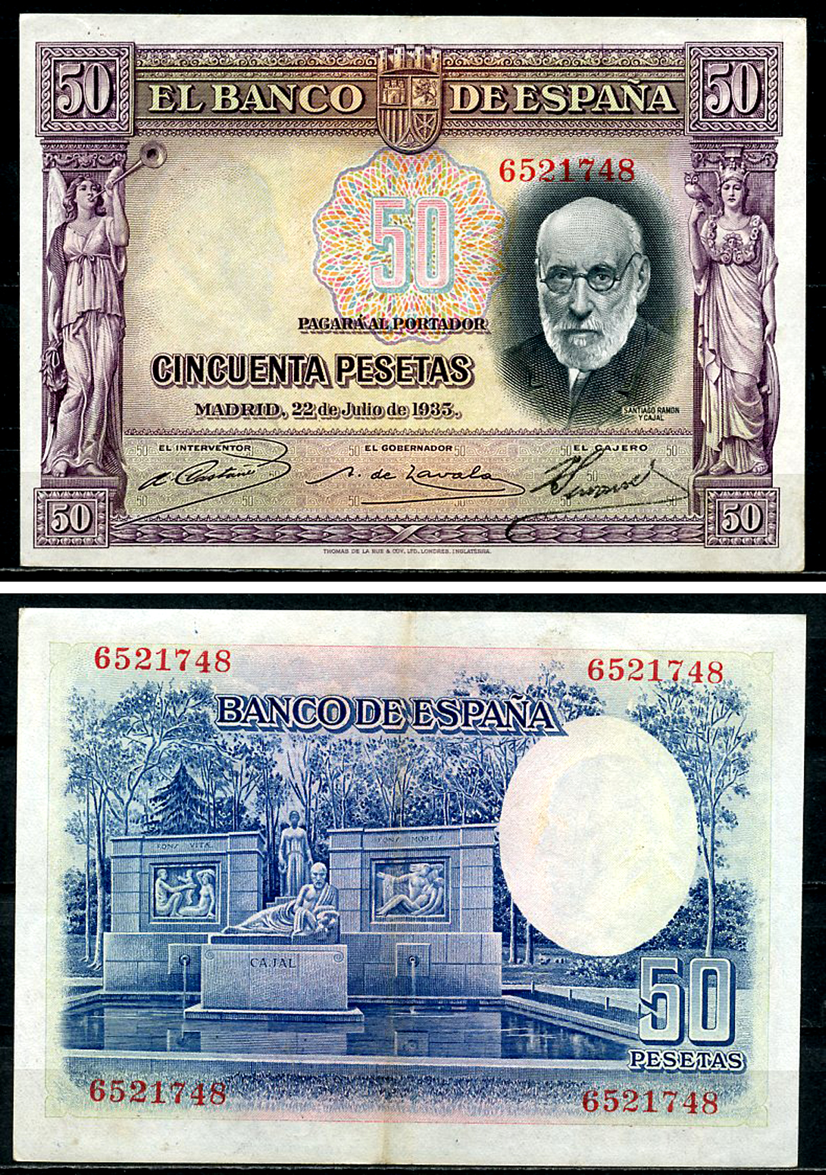 Испания 50 песет 1935 сиреневая, Сантьяго Рамон-и-Кахаль, памятник Pick 88  бумага  6294-62-3-1