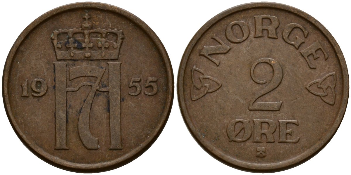 Норвегия 2 эре 1955 Хокон VII (1906 - 1957) KM 399 бронза 4156-243