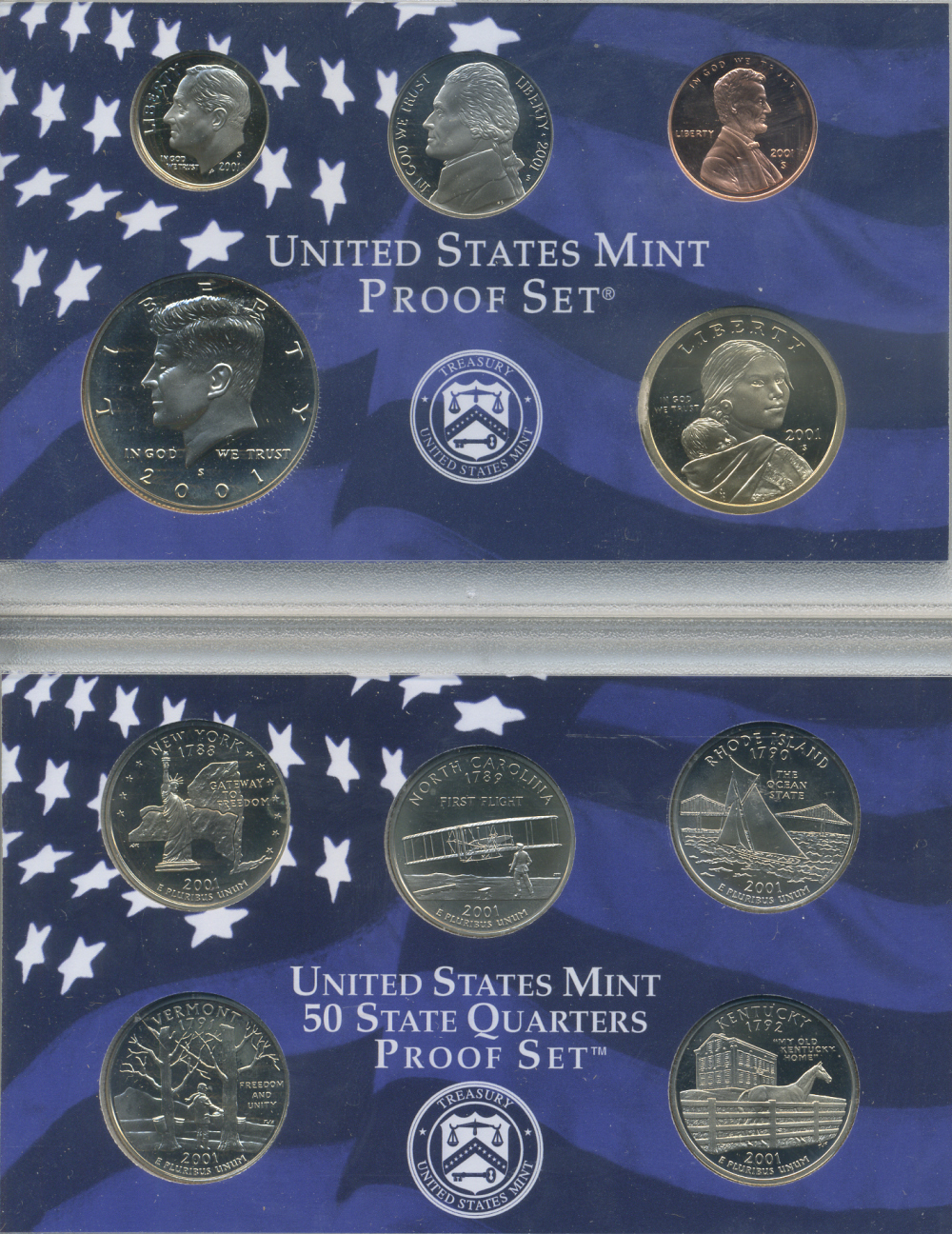 США 2 официальных набора в одном 2001 S, два пруфсета в пластиковых коробках, регулярный чекан и 5 квотеров штаты, в оригинальной коробке с сертификатом PROOF 00-00