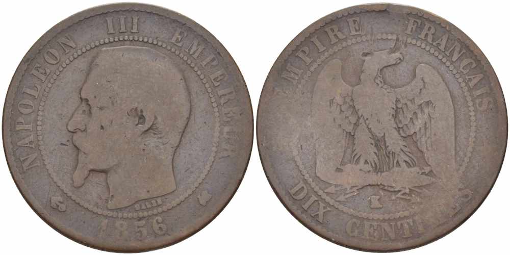 Франция 10 сантимов 1856 K, Наполеон III (1852-1870) KM 771.5, Le Franc 133.36 бронза    4680-625