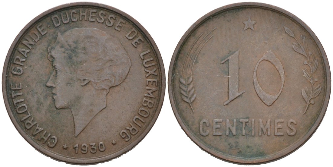Люксембург 10 сантимов 1930 Шарлотта (1918-1964) KM 41 бронза 4571-436