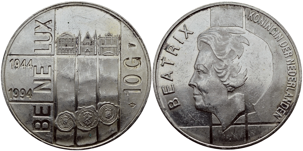 Нидерланды 10 гульденов 1994 50 лет Бе-Ни-Люкс, три здания парламентов KM 216 серебро 1524-944