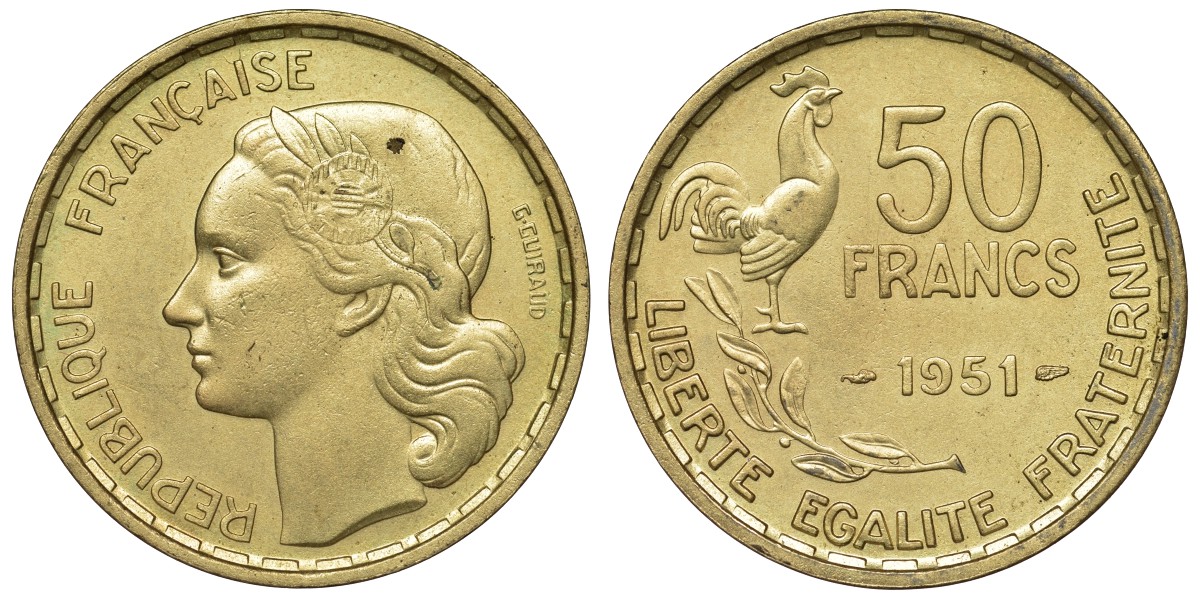 Франция 50 франков 1951 петух KM 918.1, Le Franc 425.5 алюминиевая бронза 4123-735