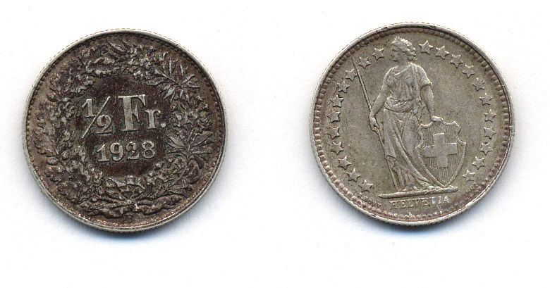 Швейцария 1/2 франка 1928 В KM 23 серебро 00-00