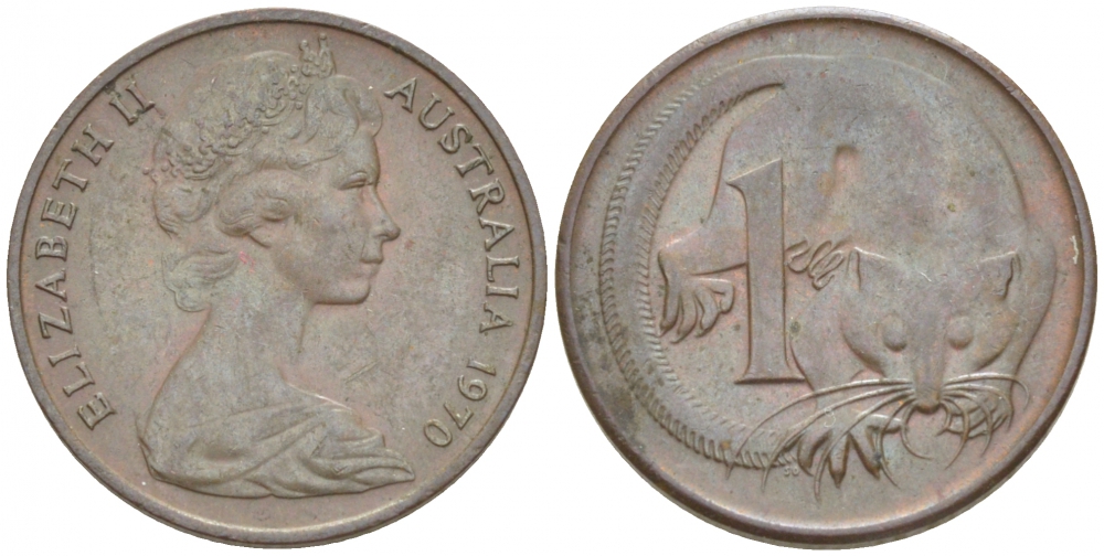 АВСТРАЛИЯ 1 ЦЕНТ 1970 ЕЛИЗАВЕТА II, МОЛОДОЙ ПОРТРЕТ, ОПОССУМ КМ 62 бронза 3851-1069