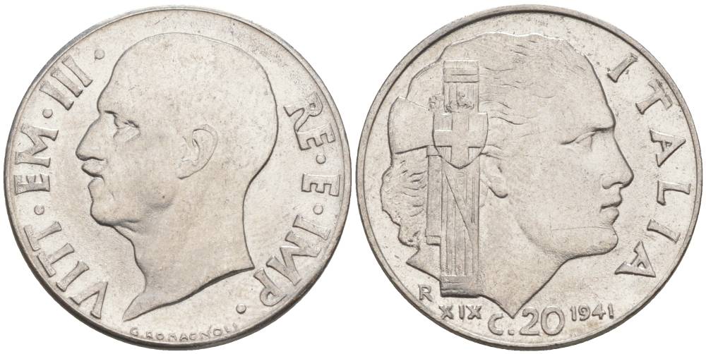ИТАЛИЯ 20 ЧЕНТЕЗИМО 1941 R, ГОД XIX, ВИКТОР ЭММАНУИЛ III (1900-1946) KM 75b, VEM3. 1028 нержавеющая сталь 3853-627