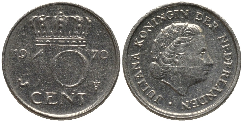 Нидерланды 10 центов 1970 Юлиана (1948-1980) KM 182 никель 116-513