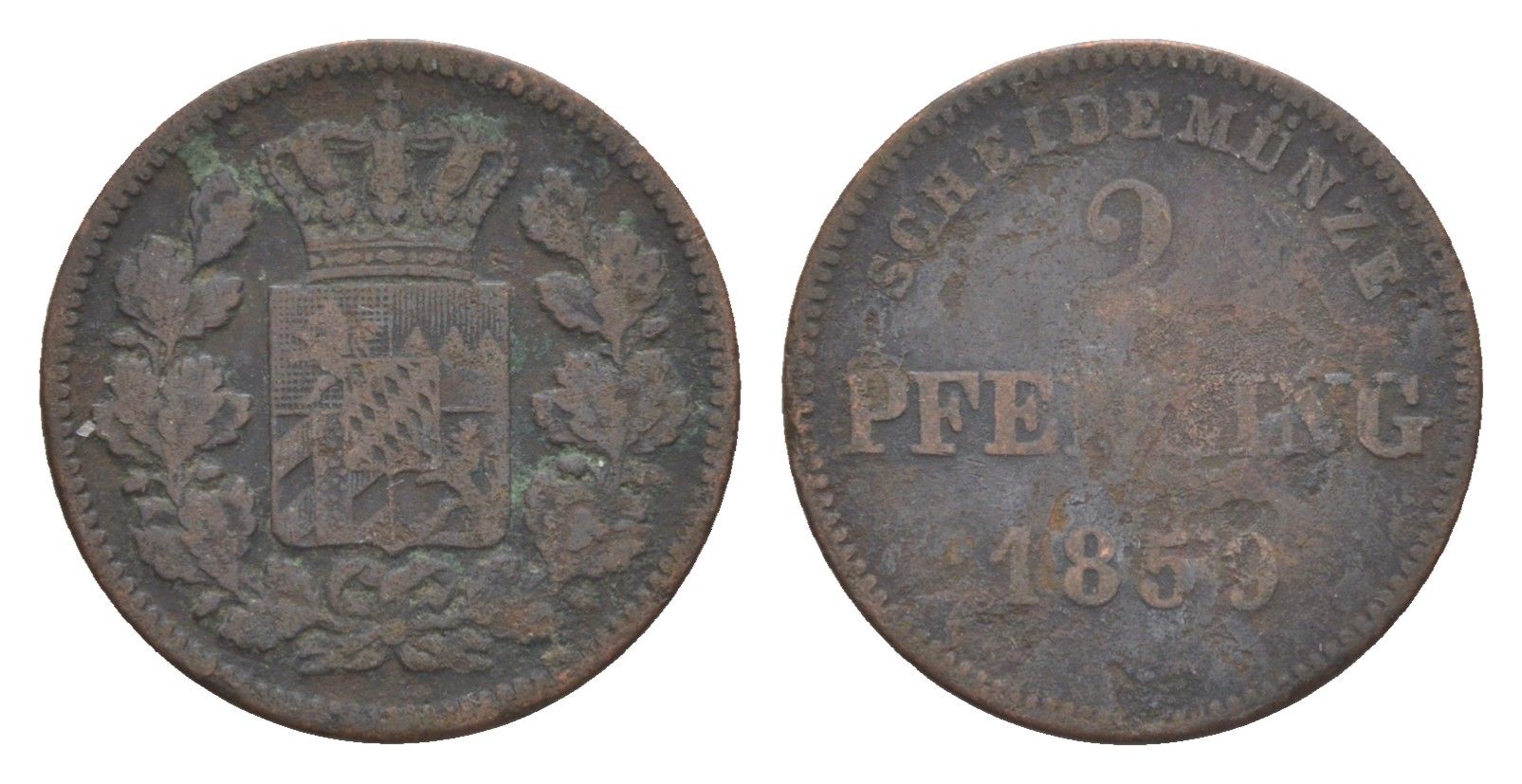Бавария 2 пфеннига 1859 Максимилиан II (1848-1864) KM 857 медь 4649-511