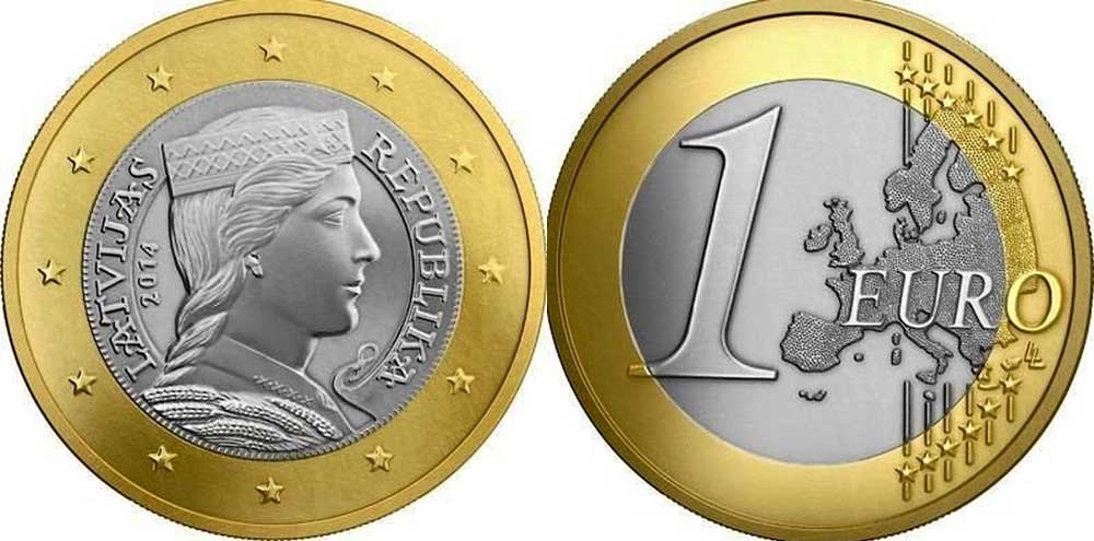 Латвия 1 евро 2014 портрет девушки KM 156 биметалл  UNC  M11-16