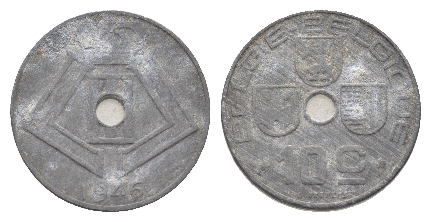 Бельгия 10 сантимов 1946 Belgie - Belgique, Леопольд III (1934-1947), германская оккупация, Вторая мировая война KM 126 цинк 4704-1031