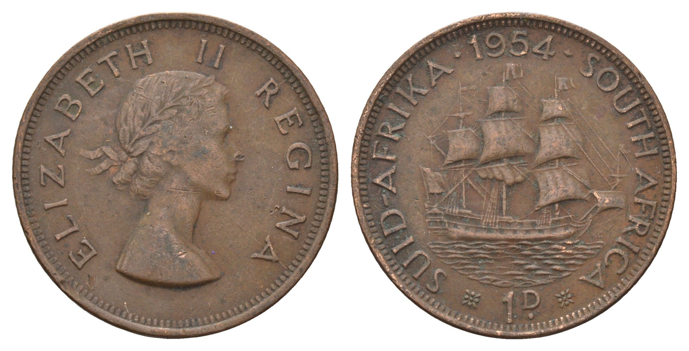 ЮАР 1 пенни 1954 Елизавета II (1952-2022), парусник KM 46 бронза 4123-1034