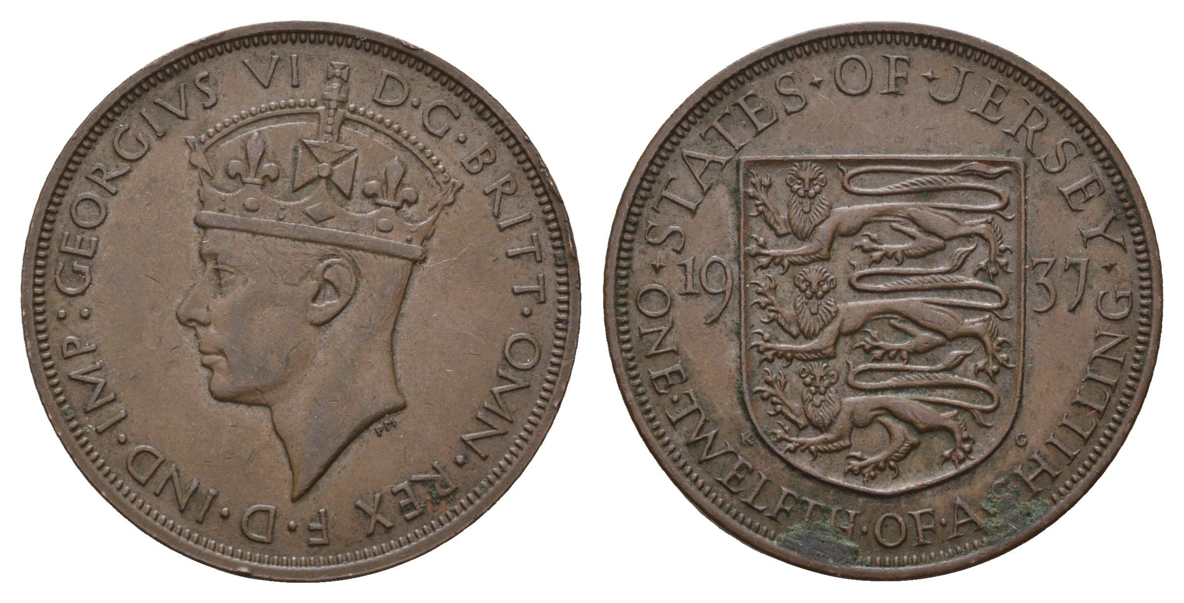 Джерси 1/12 шиллинга 1937 Георг VI (1936-1952) KM 18 бронза 4593-521