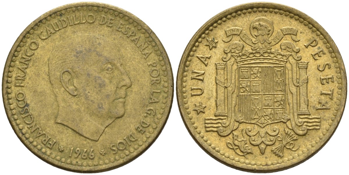 Испания 1 песета 1966 (69) Франсиско Франко (1939 - 1975) KM 796 алюминиевая бронза 4155-354