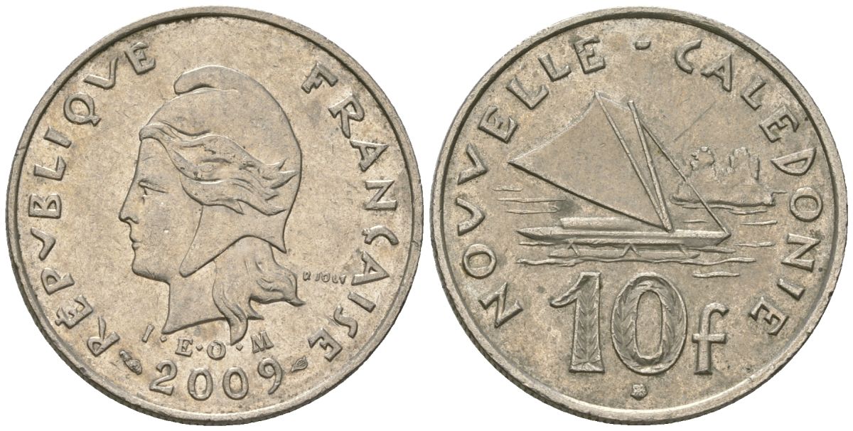 Французская Новая Каледония 10 франков 2009 рыбачья парусная лодка, (IEOM) KM 11a, Schoen 13a, Lec 99k медно-никель 61-944