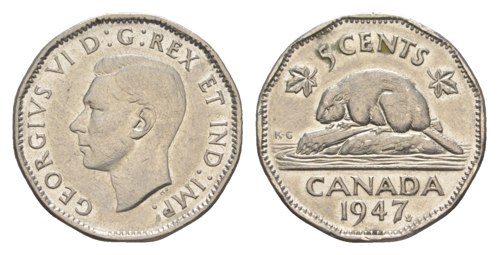 Канада 5 центов 1947 бобр, Георг VI (1936-1952) KM 39a никель 4651-336