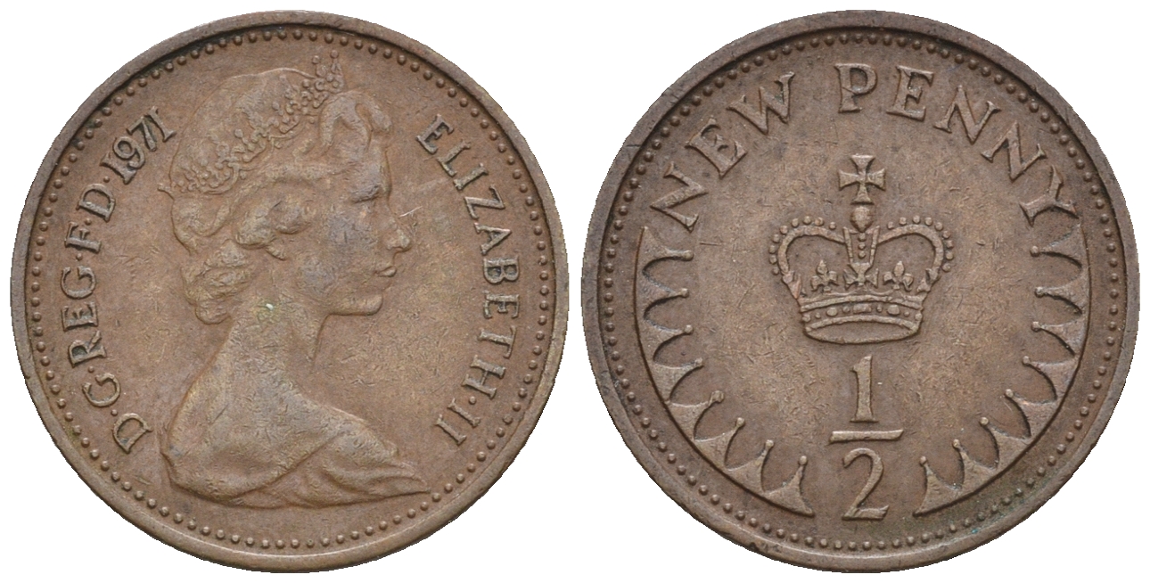 Великобритания 1/2 пенни 1971 Елизавета II (1952-2022) KM 914, Spink 4239 бронза 3309-1243