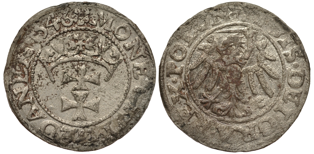 Польша, Данциг 1 шиллинг (шеляг) 1546 Сигизмунд II Август (1544-1572), вес 1,14 гр. серебро 1516-1445