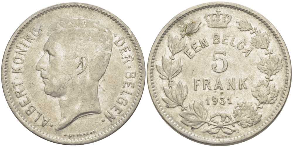 БЕЛЬГИЯ 5 ФРАНКОВ 1931 АЛЬБЕРТ I, DER BELGEN KM 98 никель 3851-326