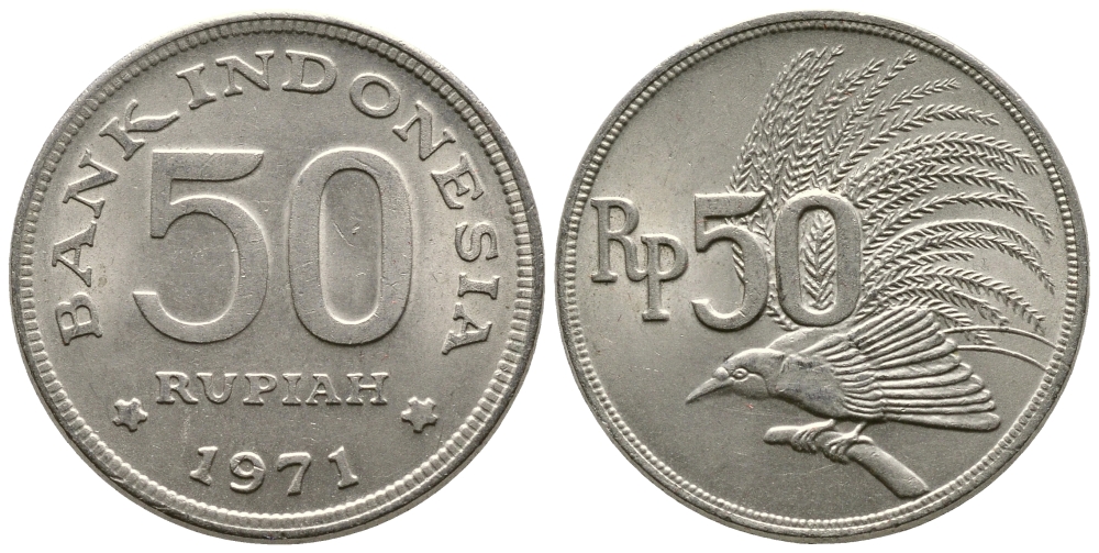 Индонезия 50 рупий 1971 райская птица KM 35 медно-никель UNC 93-1152