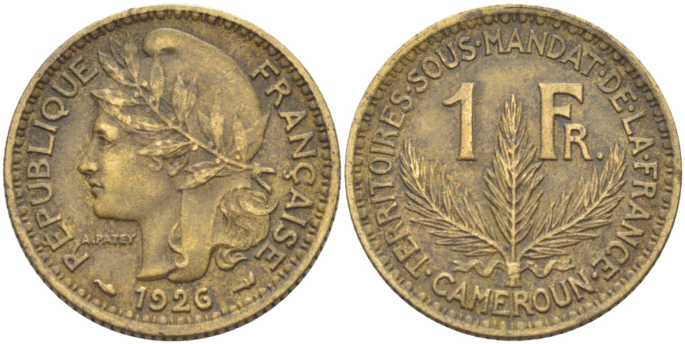 Французский Камерун 1 франк 1926 (а), монетный двор Париж KM 2 алюминиевая бронза 54-2055