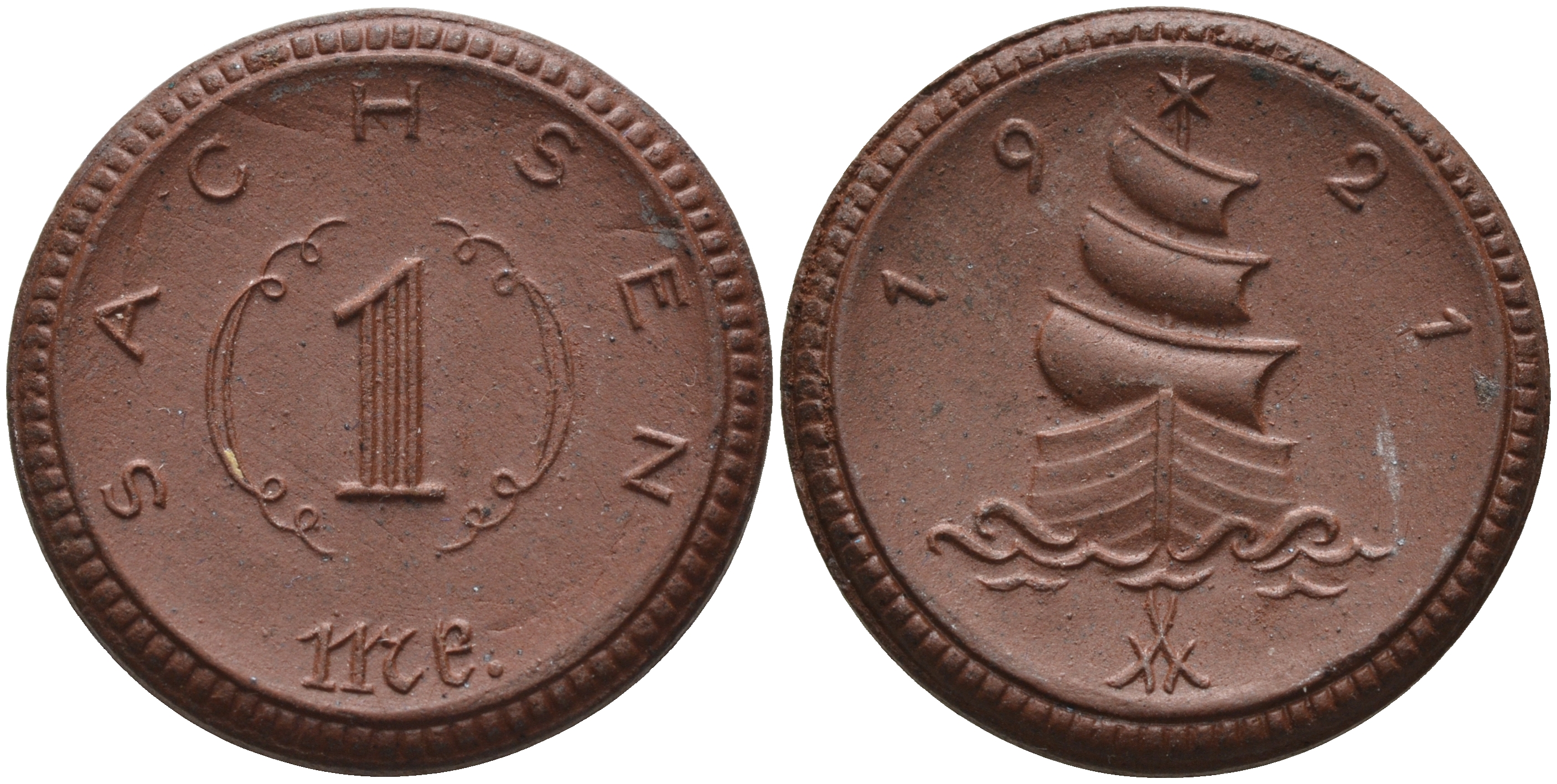 Саксония 1 марка 1921 парусник J. N 55 фарфор 1094-3-34