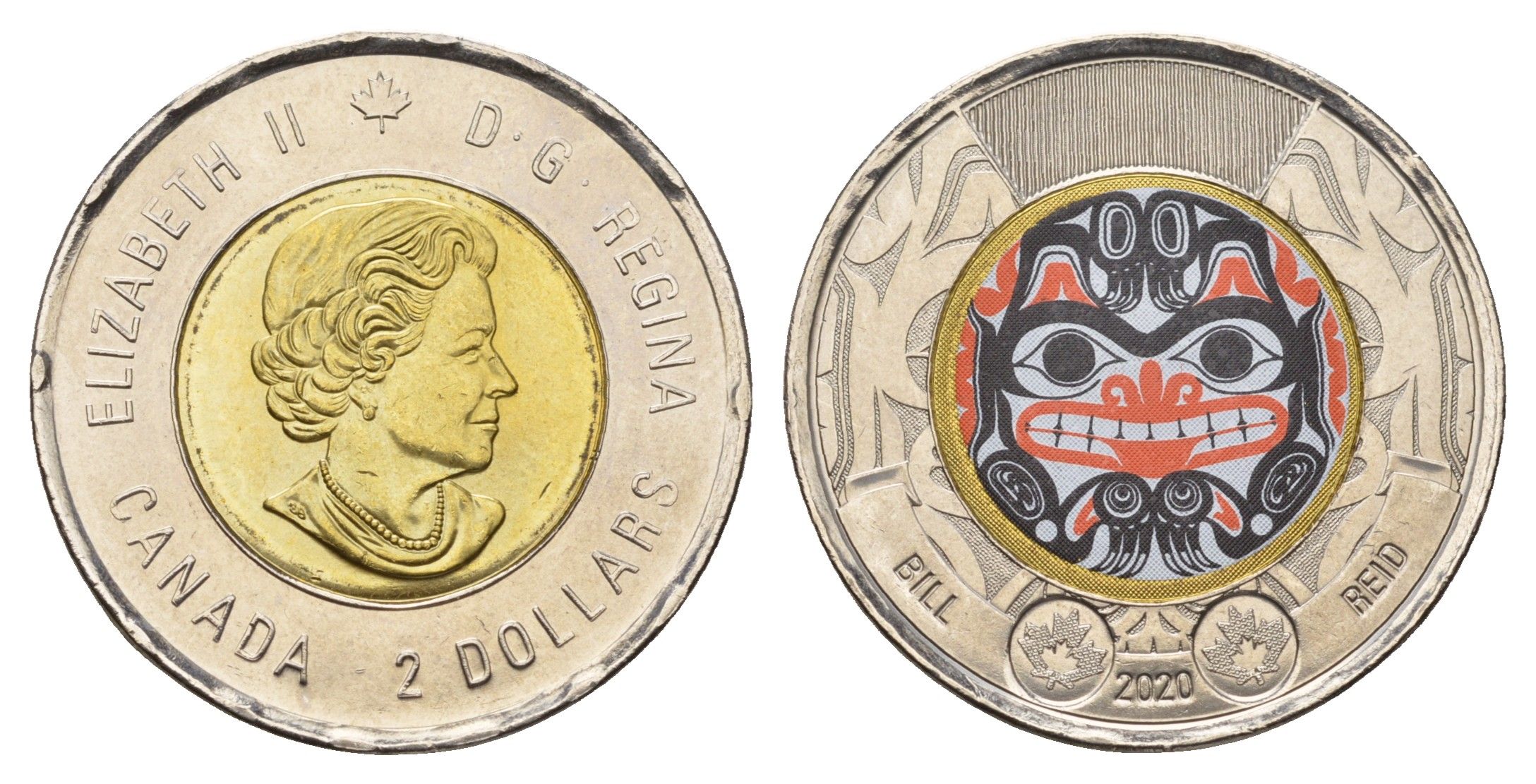 Канада 2 доллара 2020 100 лет со дня рождения Билла Рида, Цветное покрытие KM ?2925.1 биметалл UNC 108-1214