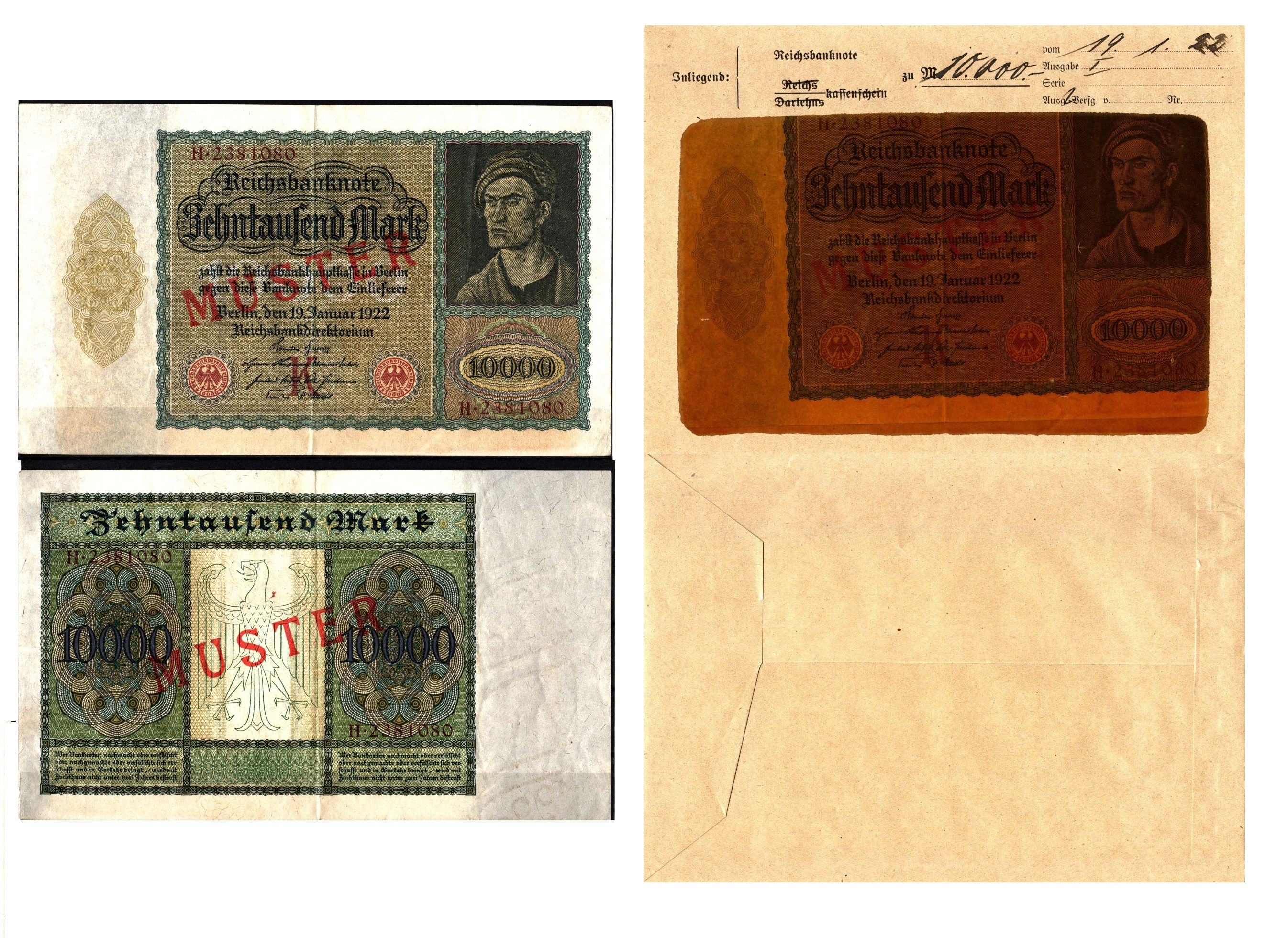 Германия 10000 марок 1922 орел в прямоугольнике, 19 января, MUSTER, образец, Specimen. В оригинальном банковском конверте. Из коллекции Отто Сейфферта (помощник Ялмара Шахта - министра экономики Германии и президента Рейхсбанка времен третьего рейха) Pick