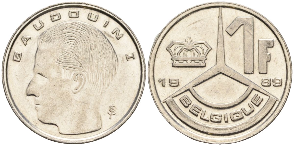 Бельгия 1 франк 1989 Belgique, Бодуэн I (1951-1993) KM 170 железо плакированное никелем 4608-435