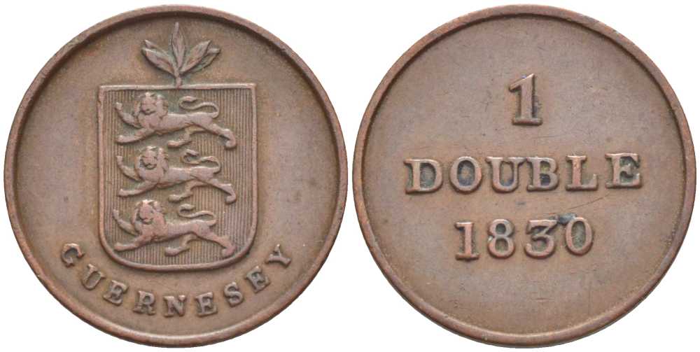Гернси 1 дабл (дубль) 1830 KM 1 медь 3996-1066