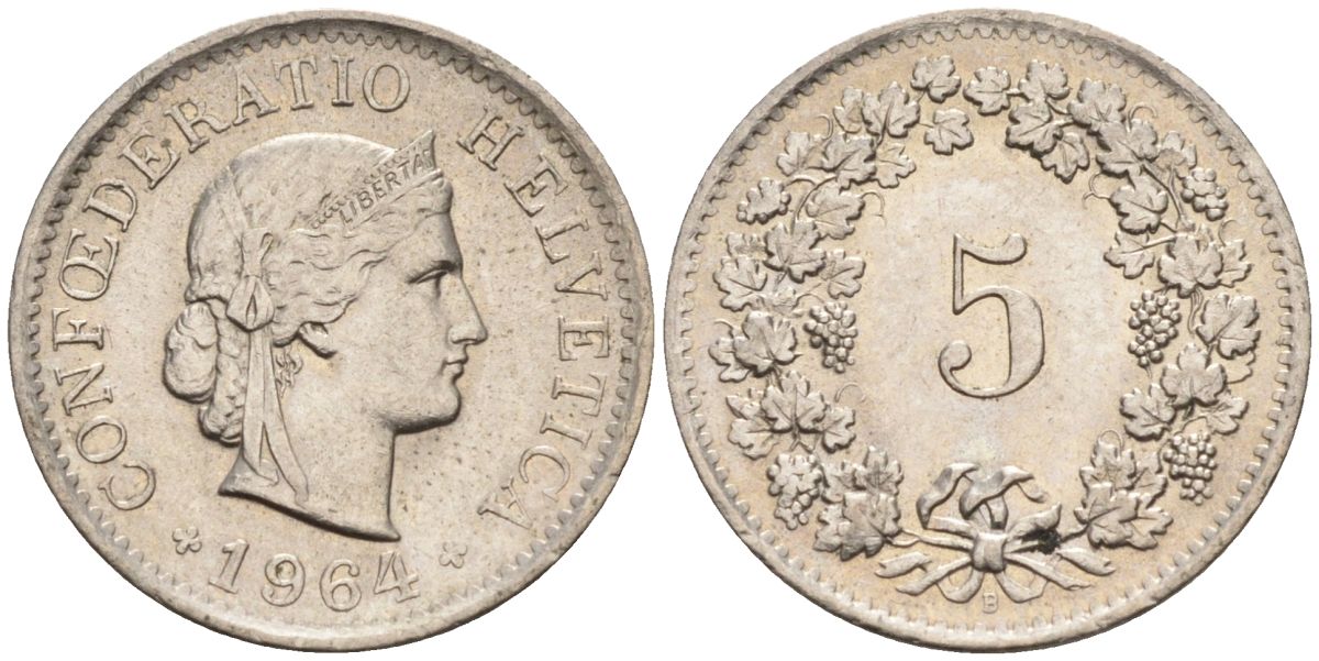 Швейцария 5 раппенов 1964 В KM 26 медно-никель 4594-621