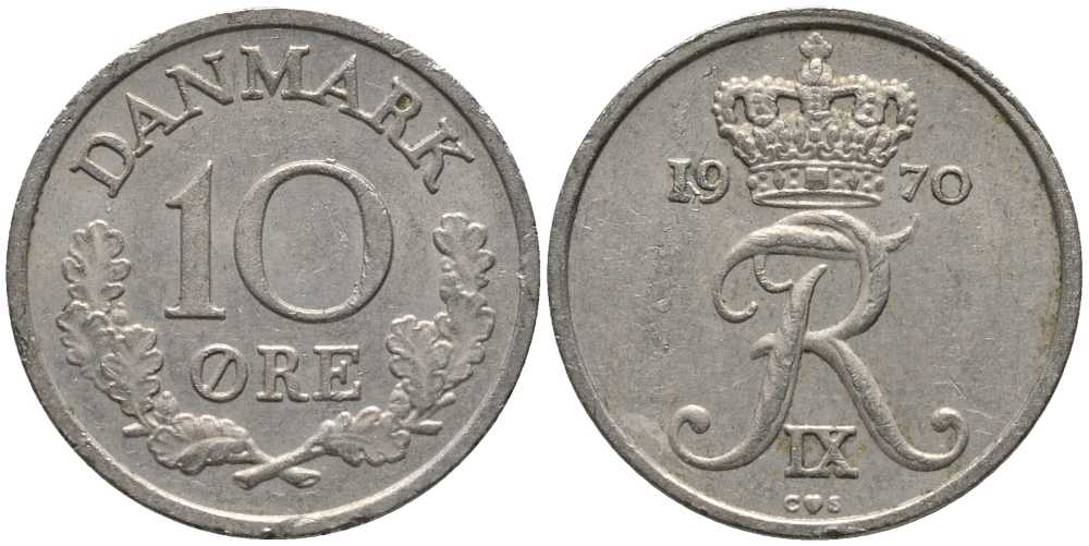 ДАНИЯ 10 ЭРЕ 1970 C; S, ФРЕДЕРИК IX (1947-1972) KM 841.3 медно-никель 116-231