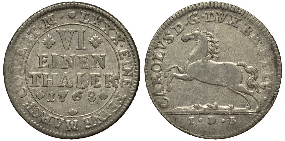 Брауншвейг-Вольфенбюттель 1/6 талера 1768 IDB, вес 5,09 гр. KM 971 серебро 413-2213