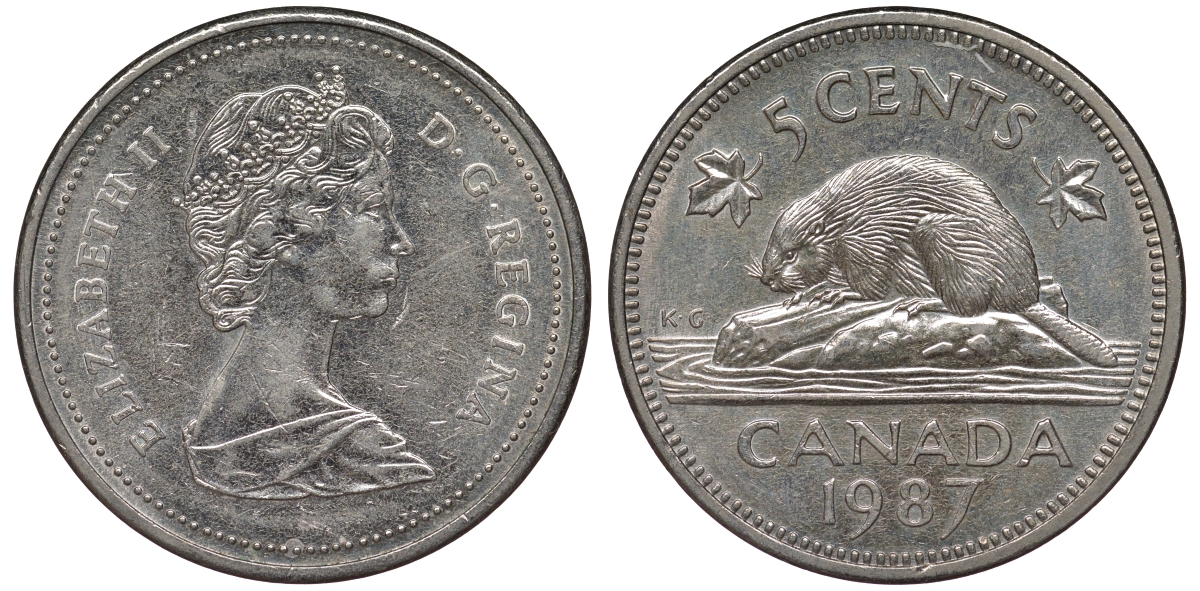 Канада 5 центов 1987 Елизавета II (1952-2022), бобер KM 60.2 a медно-никель  UNC  4588-1165