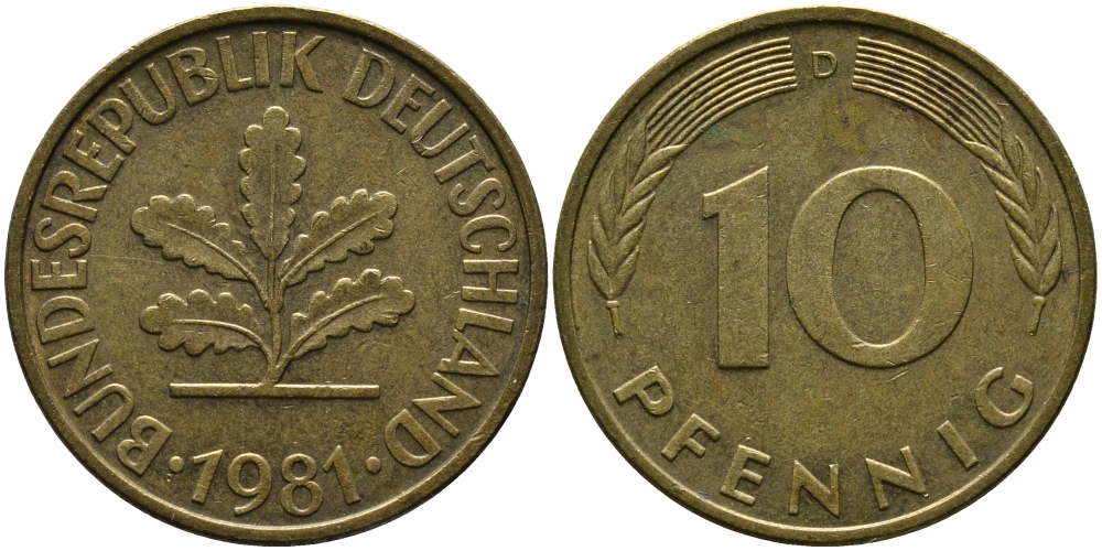 ФРГ 10 ПФЕННИГОВ 1981 D KM 108, J.383 сталь плакированная латунью 33-146