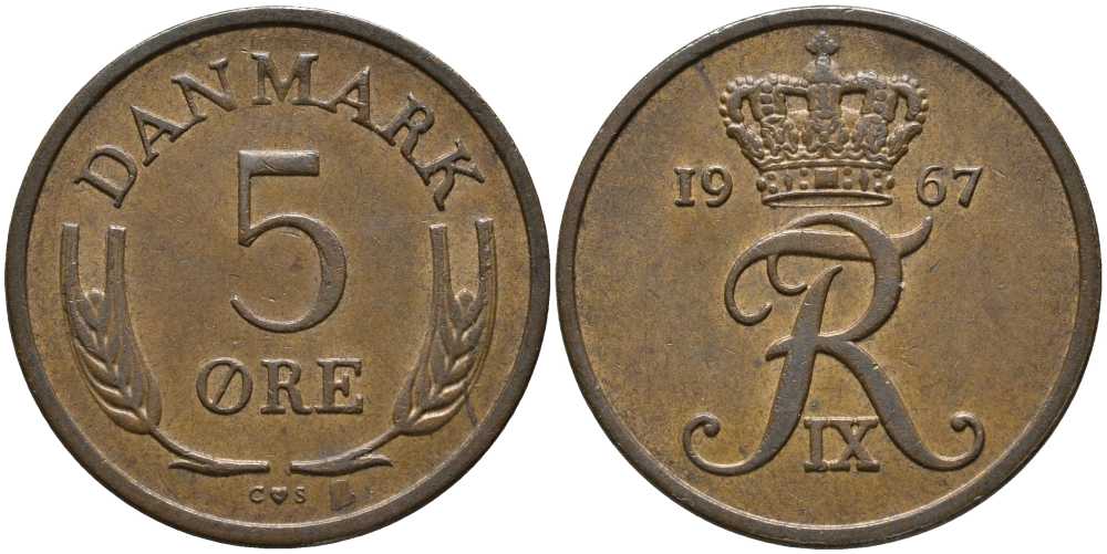 ДАНИЯ 5 ЭРЕ 1967 C; S, ФРЕДЕРИК IX (1947-1972) KM 848.1 бронза 175-657